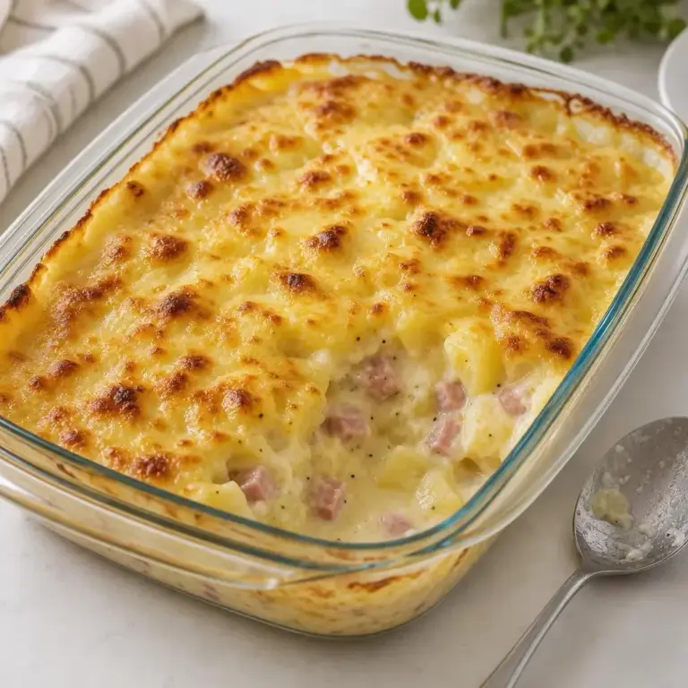 Gratin di patate con cubetti di prosciutto e emmental croccante