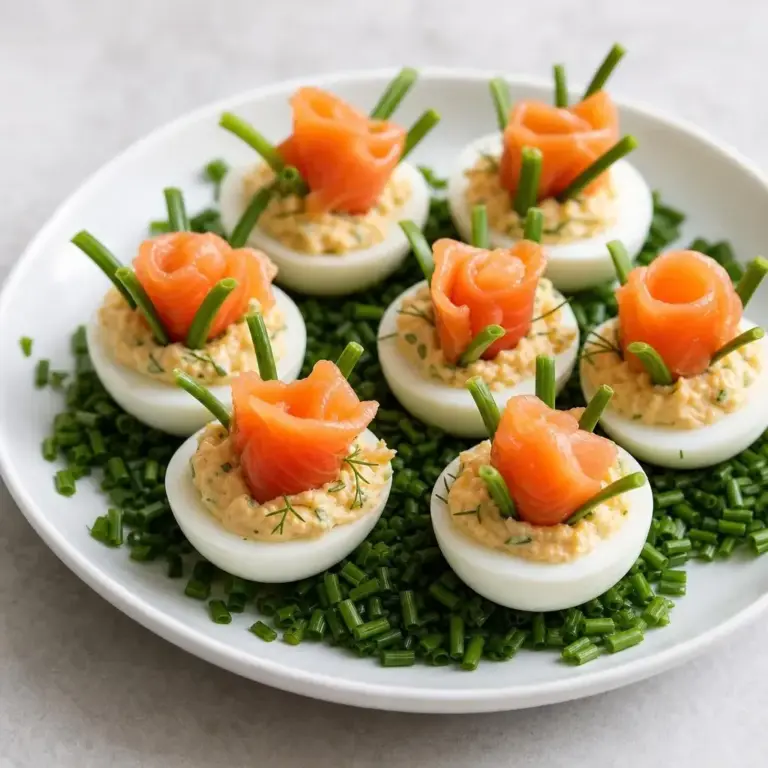 Uova sode ripiene a forma di fiore, con salmone affumicato e formaggio su un letto di erba cipollina