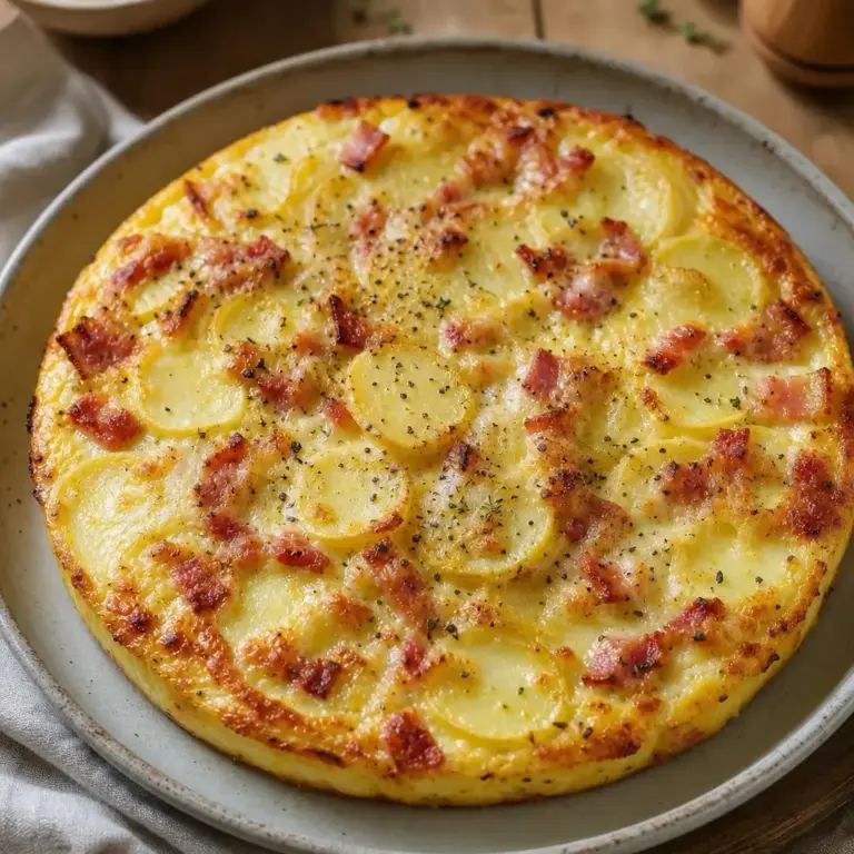Quiche senza pasta con patate, bacon e formaggio alla crema
